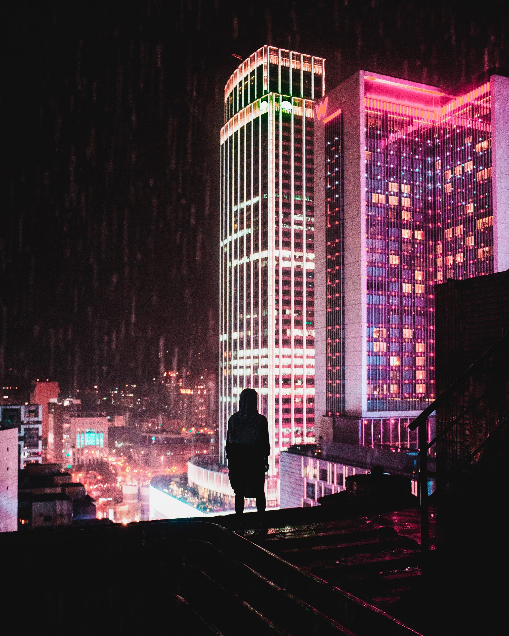 Silhouette of a person on a rooftop overlooking a neon-lit city at night